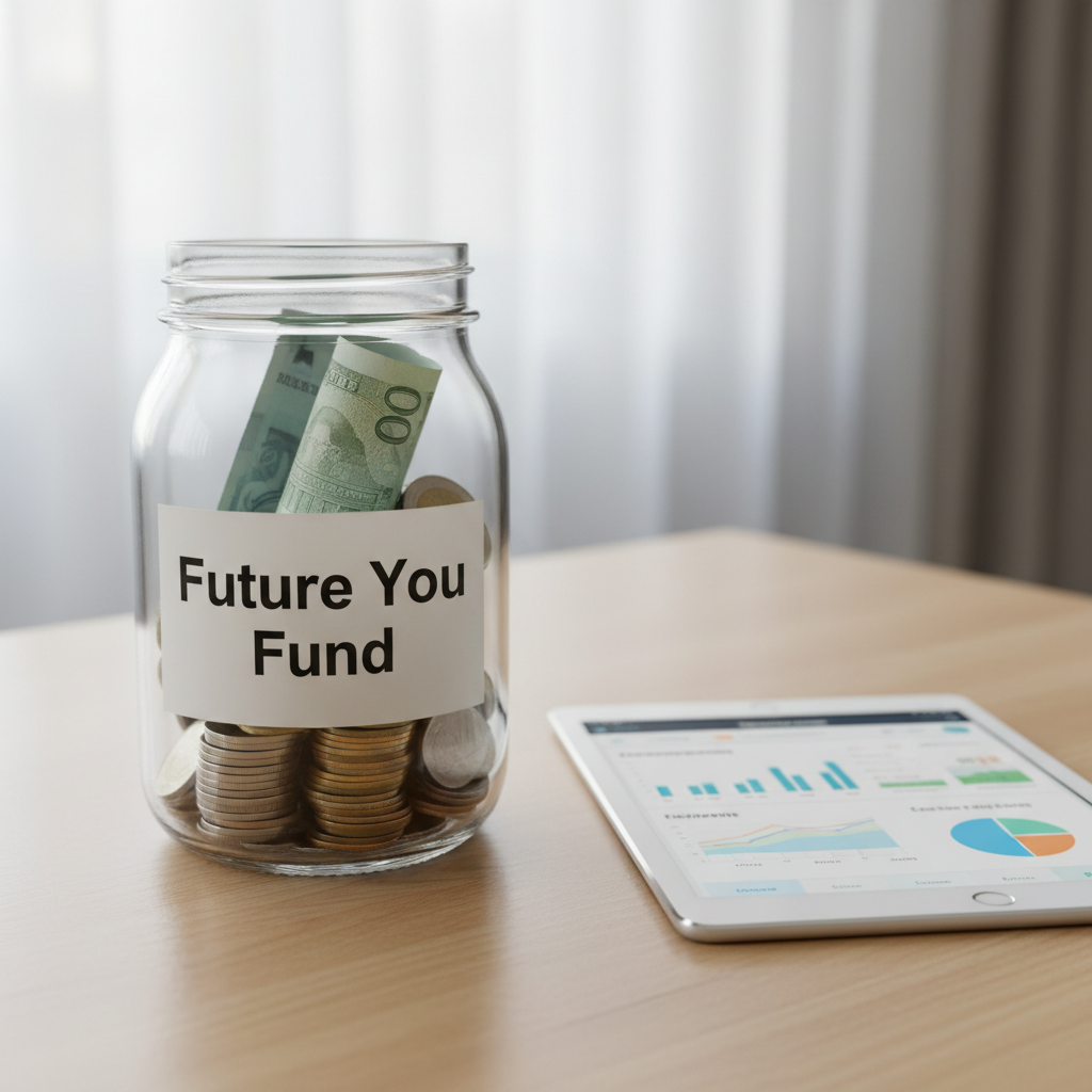 A pristine glass jar labeled “Future You Fund” in clean, sans-serif lettering is half-filled with neatly stacked coins and a few crisp folded bills, arranged with intentional tidiness. The jar rests on a light oak table beside a slim tablet showing a color-coded budgeting app dashboard, blurred just enough to suggest analytics and control. Soft, diffused afternoon light streams through sheer white curtains, creating gentle highlights on the glass edges and subtle reflections on the tabletop. Captured from a slightly elevated angle with a shallow depth of field, the composition feels airy and uncluttered. The atmosphere is optimistic and aspirational, with photographic realism and a modern, professional aesthetic that embodies the idea of steadily leveling up finances over time.