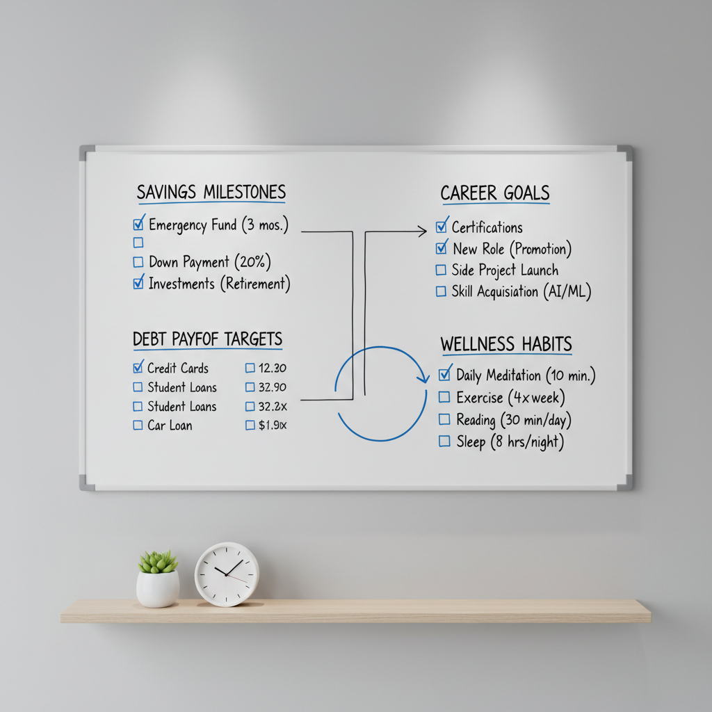 A tidy, minimalist workspace featuring a large, clean whiteboard mounted on a light gray wall, filled with an organized hand-drawn roadmap: savings milestones, debt payoff targets, career goals, and wellness habits connected by straight arrows and checkboxes. Below the whiteboard, a slim, modern wooden shelf holds a simple analog clock and a single small plant in a white ceramic pot, adding a touch of life without clutter. Soft studio lighting evenly illuminates the scene, eliminating harsh shadows and emphasizing clarity of information. Shot straight-on at eye level with sharp focus across the entire frame, the composition is symmetrical and balanced. The mood is strategic, disciplined, and encouraging, rendered in crisp photographic realism, ideal for illustrating structured planning for finances, career, health, and future growth.