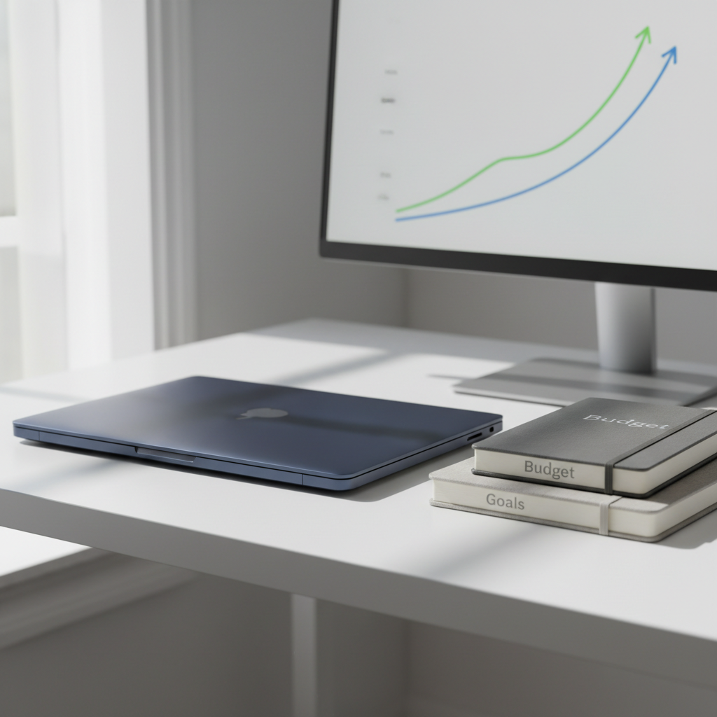 A sleek, closed midnight-blue laptop with a brushed metal finish sits on a spotless white desk, next to a neatly stacked pair of hardbound notebooks labeled “Budget” and “Goals” in subtle silver embossing. A minimalist graph of rising savings and investments is displayed on a frameless monitor in the background, slightly out of focus. Soft morning sunlight filters through a nearby window, creating gentle reflections on the laptop surface and casting crisp but unobtrusive shadows. Shot at eye level with a shallow depth of field, the composition follows the rule of thirds, emphasizing clarity and order. The mood is professional, calm, and focused, with clean, photographic realism suited to a modern personal finance blog about leveling up your financial life.